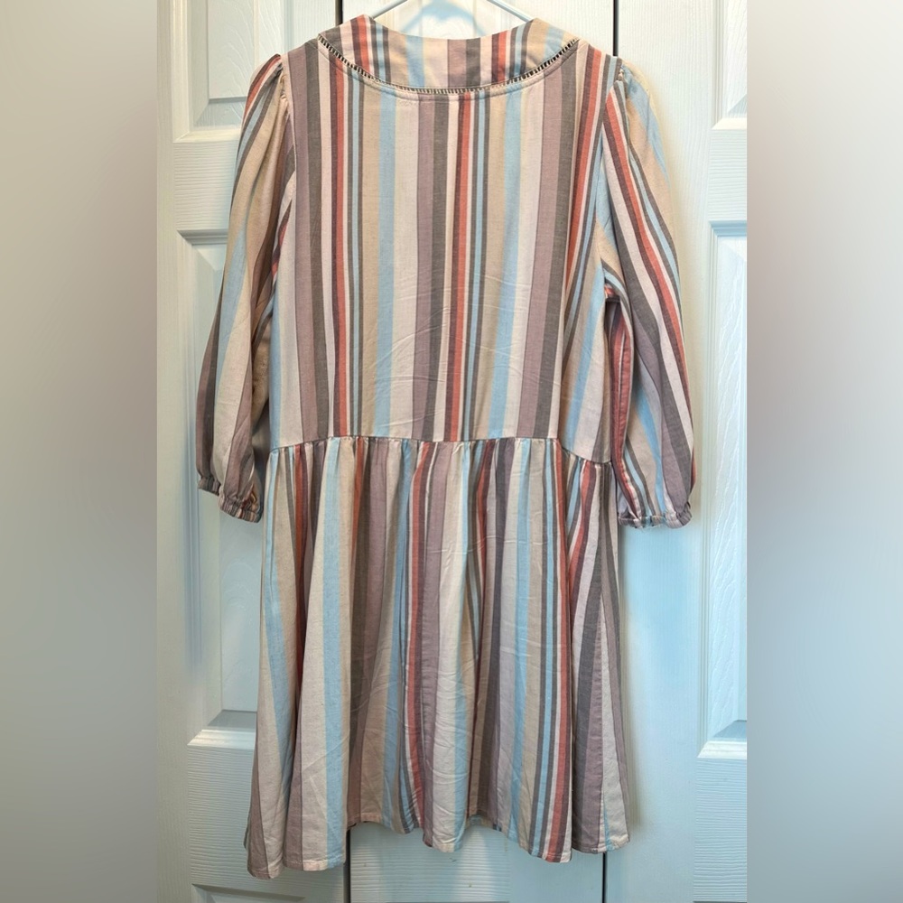 Knox Rose-Striped, Crochet Trim, Linen, Boho, Western, Baby Doll, Dress. Size-M - Picture 8 of 8